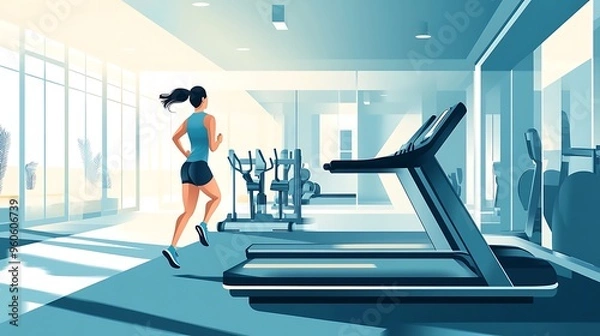 Fototapeta Woman Running on Treadmill in Modern Gym