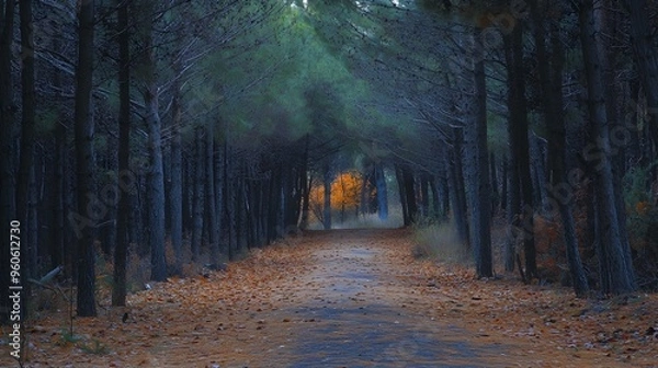 Fototapeta Forest road with fallen pine needles, autumn ambiance