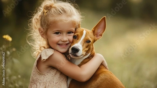 Fototapeta Little girl hugging her happy dog outdoors
