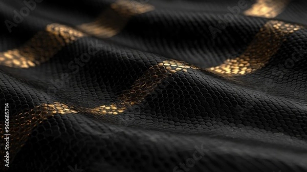 Fototapeta This is an image of a closeup of a dark black and golden snake skin texture. This is an exotic reptile animal pattern print wallpaper. It is made out of leather, and is a natural material.