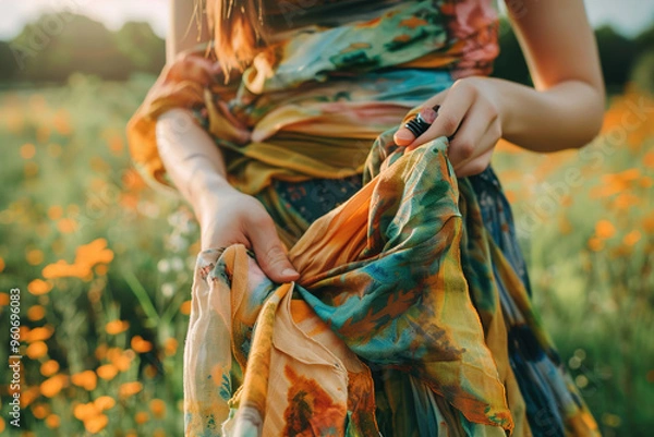 Obraz Person hand-dyeing fabric using natural dyes, showcasing sustainable and traditional textile methods