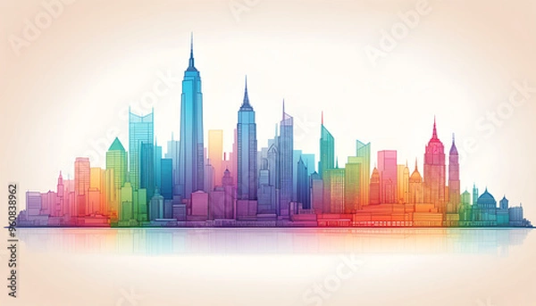 Fototapeta Illustrative color illustration of a cityscape or skyline of a distant city in a graphic style