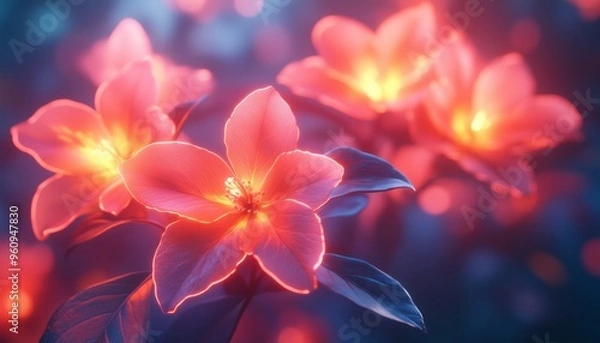 Fototapeta Glowing Red Flower with Delicate Petals and Stem