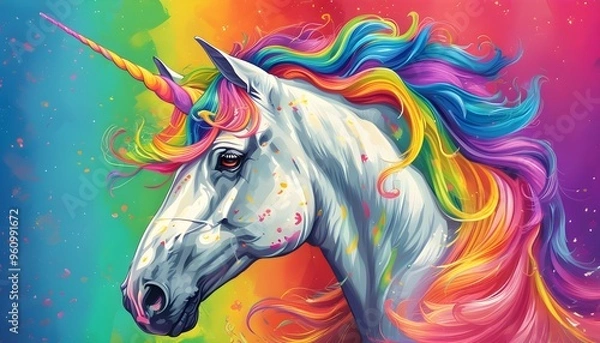 Fototapeta Enchanted unicorn with vibrant rainbow mane against a kaleidoscopic backdrop