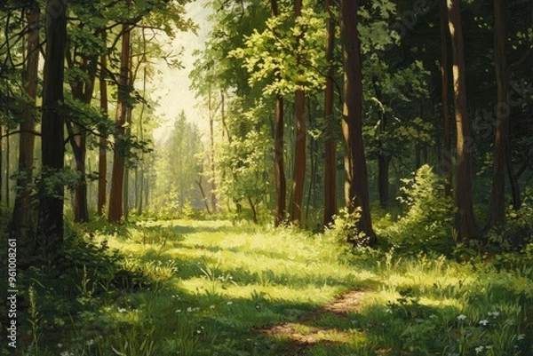 Fototapeta Serene Sunlit Forest with Lush Green Undergrowth - Peaceful Woodland Landscape , ai