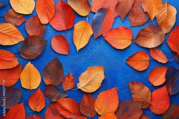 Fototapeta Pattern of dry orange metallic leaves on violet background