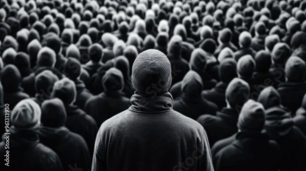 Fototapeta Black and white image of a person standing alone in a crowd, symbolizing feelings of rejection