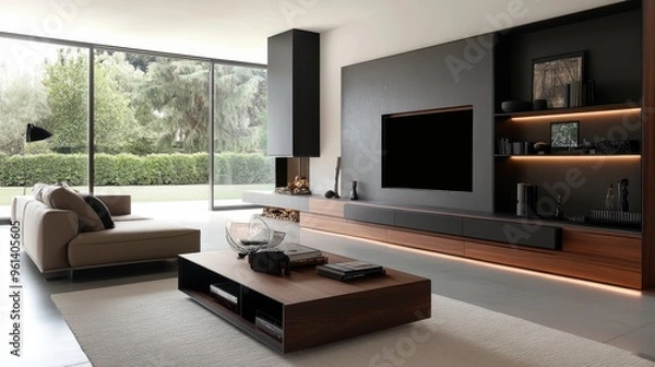 Obraz Modern Minimalist Living Room with Large Window Overlooking Greenery and Contemporary Furniture