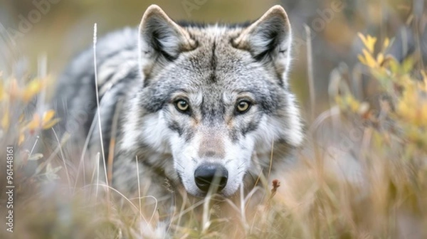 Fototapeta  A tight shot of a wolf in a field filled with tall grass and yellow flowering plants in the foreground