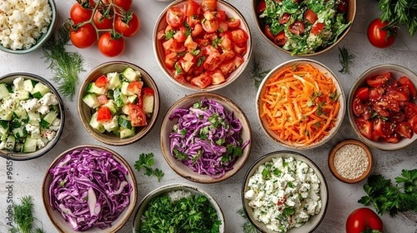 Fototapeta An assortment of refreshing salads, including Greek and coleslaw, laid out on a light grey wooden floor, showcasing the vibrant colors and textures of the ingredients