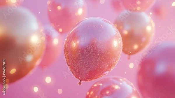 Fototapeta pink background with lots of pastel balloons and confetti, birthday party backdrop