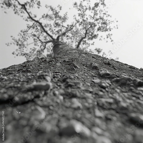 Fototapeta A captivating view looking up the trunk of a tall tree with textured bark and branches against a clear sky, capturing the essence of nature's grandeur