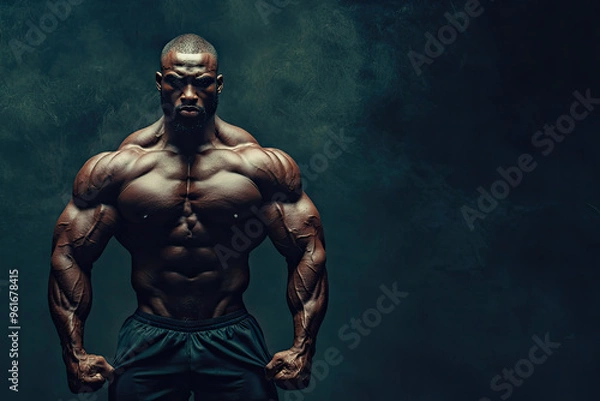 Fototapeta The Power of Strength: A Bodybuilder Flexes His Muscles Against a Smoky Background