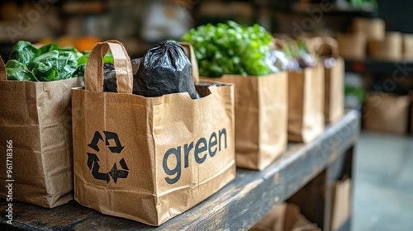 Fototapeta Paper bags with recyclable or "green" logos, highlighting their sustainability and environmentally friendly nature.