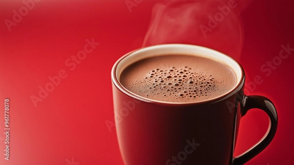 Fototapeta red cup of hot chocolate with smoke on a red background.