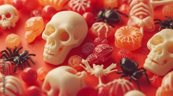 Fototapeta An engaging mix of Halloween candy featuring white skulls, black spiders, and assorted red and orange treats. Set against a warm red-orange background, this image evokes the festive and eerie spirit