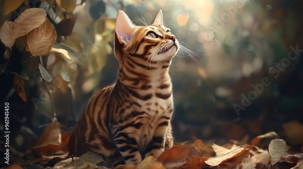 Fototapeta Cat King. Regal Bengal Kitten, Cute Pet Animal in Wild Kingdom