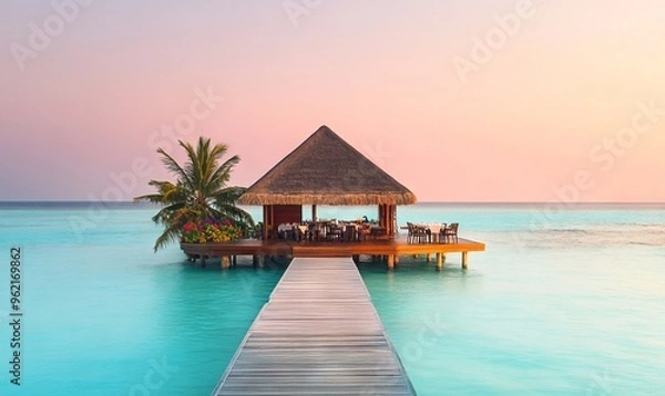 Fototapeta Tropical Island Hut on a Jetty in the Maldives with Sunbeds and Dining Table AI generated illustration