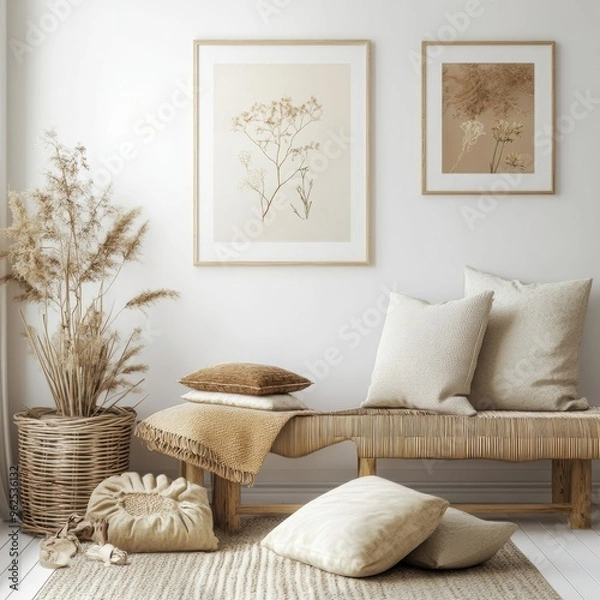 Fototapeta Cozy Boho Inspired Living Room with Neutral Decor and Botanical Artwork