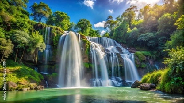 Fototapeta Majestic waterfall flowing through lush forest with clear blue sky in the background, tree, sky, waterfall, nature