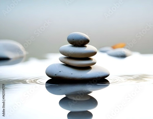 Fototapeta Stacked smooth river rocks of varying sizes on a reflective surface