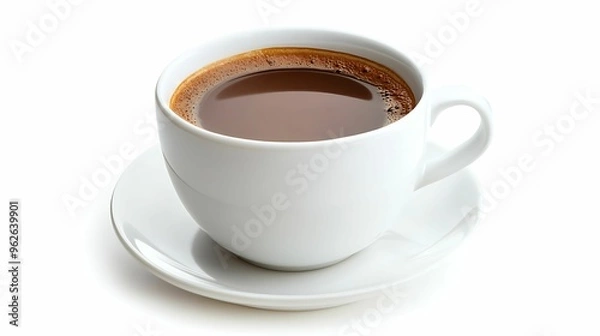 Fototapeta A simple white ceramic cup filled with rich black coffee, served on a matching saucer against a clean white background, representing simplicity and freshness.