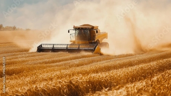 Obraz A combine harvester working in a golden wheat field, creating dust clouds.