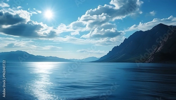 Fototapeta The tranquil sea surface contrasts with the distant mountains, and the water surface shines in the sun, as if immersed in blue dreams.