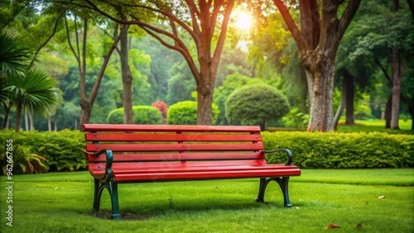 Fototapeta Red wooden bench in a lush green park setting, bench, park, chair, grass, wood, seat, garden, wooden, outdoor, relaxation