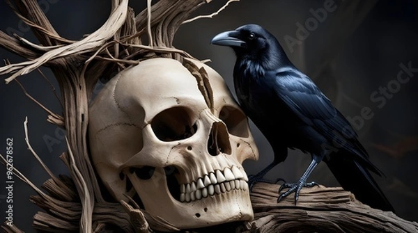 Fototapeta black crow perched on top of a human skull