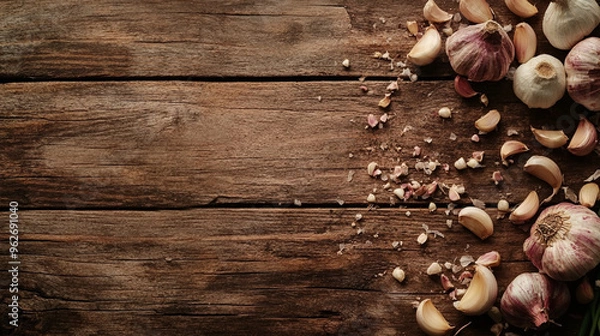 Fototapeta Fresh Garlic and Sea Salt on Rustic Wooden Table