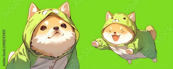 Fototapeta Cute cat wearing anime onesie dog costume background.