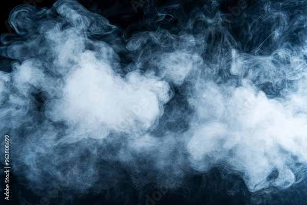 Fototapeta Steam, smoke, vapor isolated on black background. Smoke steam spray, abstract vaporing water, texture of cold mist, hot vapor, fog effect closeup, black screen. Hot food, drink. Overlay using , ai