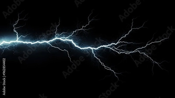 Fototapeta Lightning bolt with detailed branching isolated on a dark background, highlighting the intense and electrifying effect of natural lightning strikes.