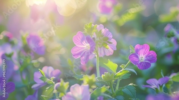 Obraz Delicate Pink and Purple Flowers in a Sunlit Field