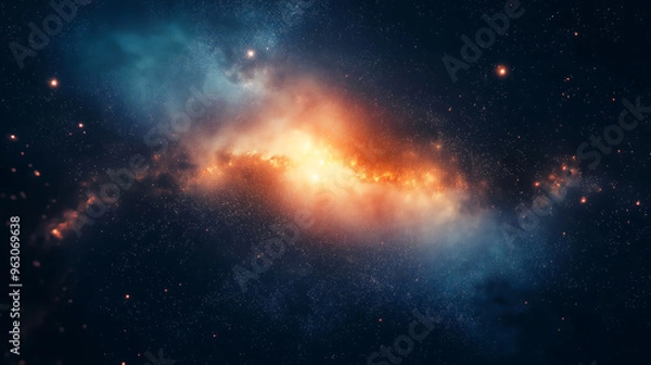 Fototapeta Galaxy exploration through outer space towards glowing milky way galaxy. glowing nebulae, clouds and stars field. Background	