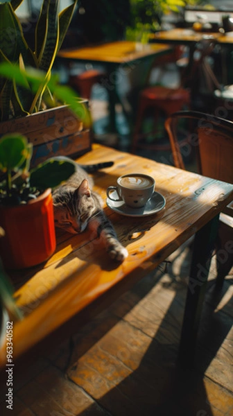 Fototapeta A cat snoozing on a wooden table next to a coffee cup of cappuccino. Cozy cat cafe with a sleeping kitty and potplants. Vertical background wallpaper.