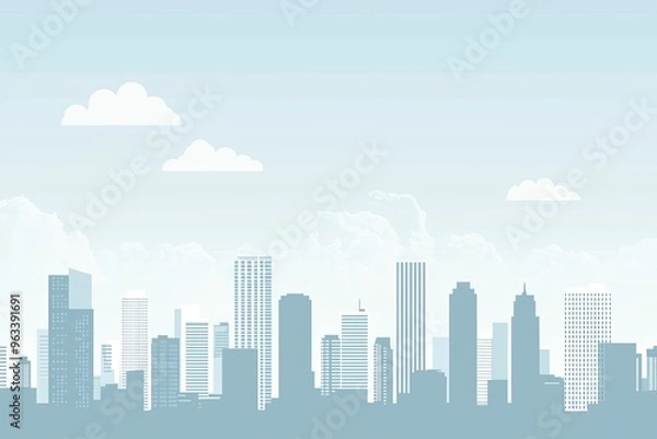 Fototapeta A Serene Cityscape Under a Soft Sky: Silhouettes of Modern Buildings and Fluffy Clouds Against a Gentle Blue.