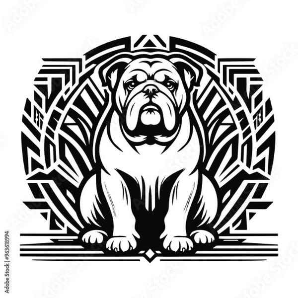 Fototapeta Bulldog with art deco decoration, stencil logo, black and white animal illustration