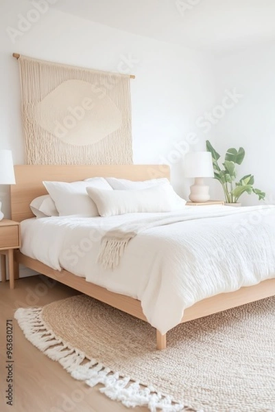 Fototapeta organic modern bedroom with a platform bed made of light oak, layered with linen bedding in soft whites and creams