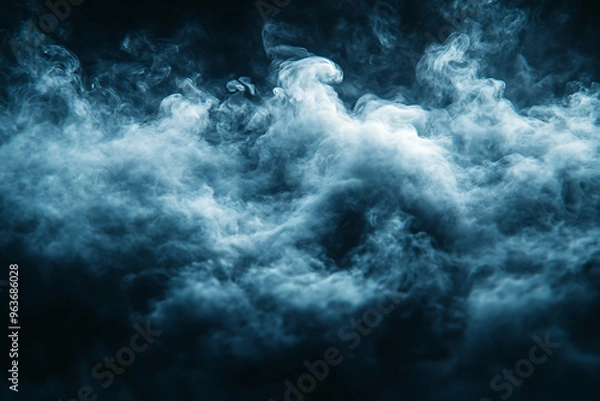 Fototapeta Thick, dark smoke swirling against a black background, creating an ominous and mysterious atmosphere, perfect for dramatic and intense visuals.
