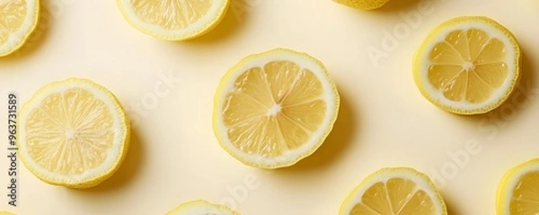 Fototapeta Sliced Lemons Arranged on a Light Yellow Background