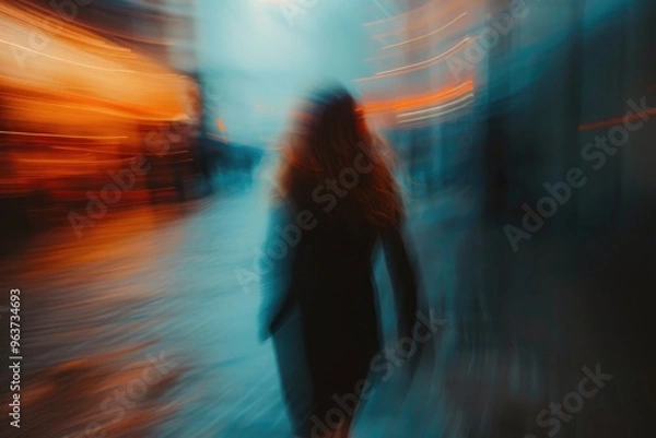 Fototapeta A person walking on a city street with blurred background