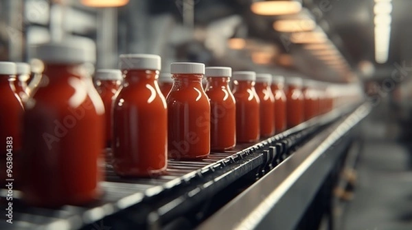 Fototapeta A state-of-the-art factory conveyor system producing bottles of pizza sauce with a focus on freshness