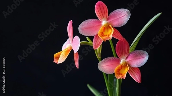 Fototapeta A delicate Miltonia orchid, also known as the Pansy Orchid, with its colorful and flat-faced flowers