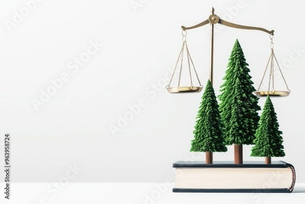 Fototapeta A balance scale with a forest on one side and legal books on the other, symbolizing forest conservation through law, scale forest law, environmental balance