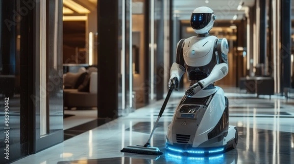 Fototapeta Futuristic Robot Cleaning Hotel Corridor with Advanced Technology in Modern Luxury Interior