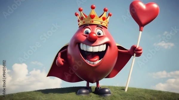 Fototapeta A heart character with a joyful expression, wearing a crown and cape, as if it's the "king of hearts," playfully leading the group. It could be holding a giant lollipop in the shape of a heart.