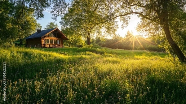 Fototapeta Serene summer landscape with vibrant green foliage surrounding a peaceful, sunlit cabin, evoking tranquility and connection to nature. 