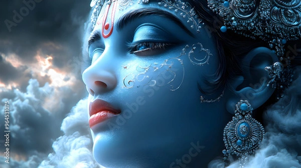 Fototapeta A serene depiction of a blue-skinned deity with ornate jewelry against a cloudy backdrop.